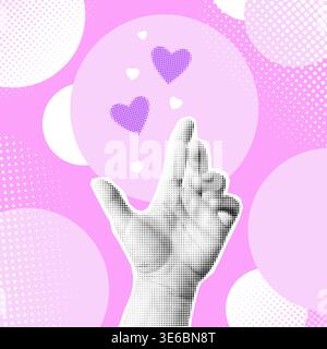 Halftone collage banner, hand with hearts. Purple backdrop for Valentine`s Day. Stock Vector